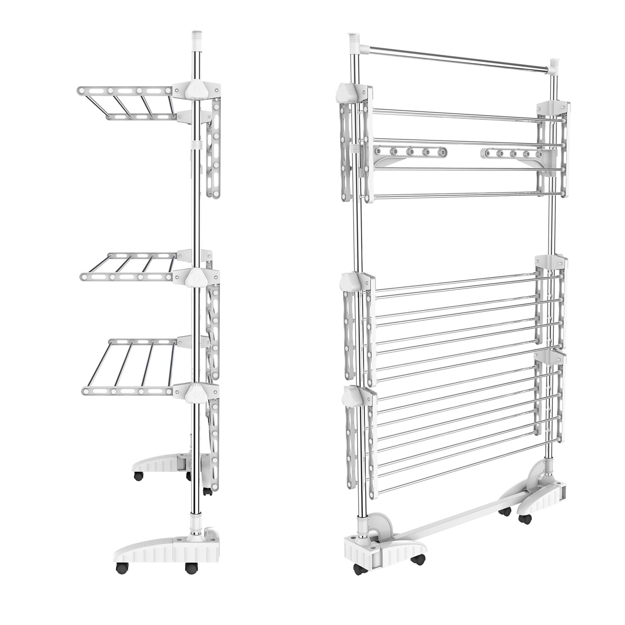 Todeco 3 Tier Clothes Airer, Folding Stainless Steel Laundry Drying Rack, Adjustable Dry Rail