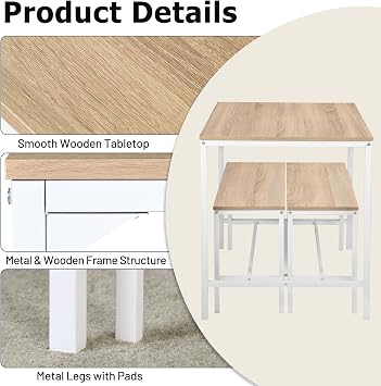 FurnitureR Dining Table Set 3 Pieces, 43.3 Inch Kitchen Table with 2 Dining Benches for 4, Dining Room Table Set with Metal Frame & MDF Board, Space-Saving Dinette for Home, Restaurant, Beech White