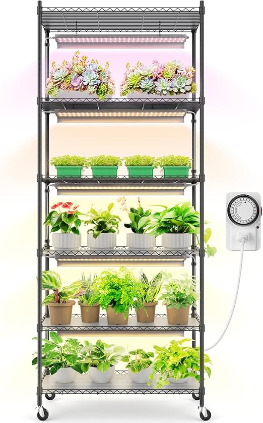 Barrina Plant Stand with Grow Lights for Indoor Plants, 6-Tier Metal Plant Shelf Display Rack with 5Pcs 2FT 30W Full Spectrum Plant Lights, 3 Adjustable Spectrum and Timer, for Growing, 29.5x13.8x71IN