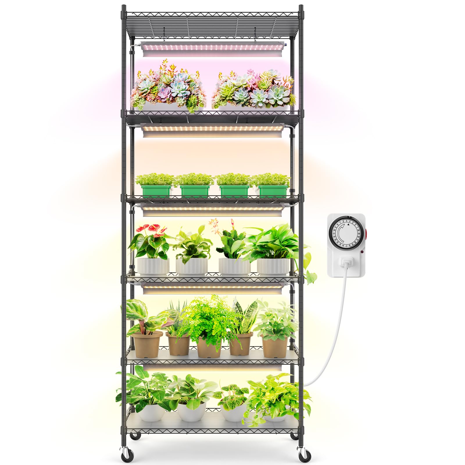 Barrina Plant Stand with Grow Lights for Indoor Plants, 6-Tier Metal Plant Shelf Display Rack with 5Pcs 2FT 30W Full Spectrum Plant Lights, 3 Adjustable Spectrum and Timer, for Growing, 29.5x13.8x71IN