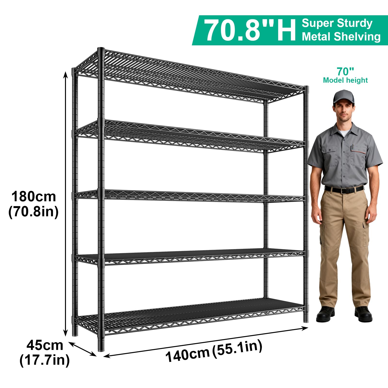 Scaffalatura a 5 ripiani da 1451,5 kg, resistente, per garage, scaffalatura in metallo, scaffale regolabile commerciale, 180 x 140 x 45 cm, nero