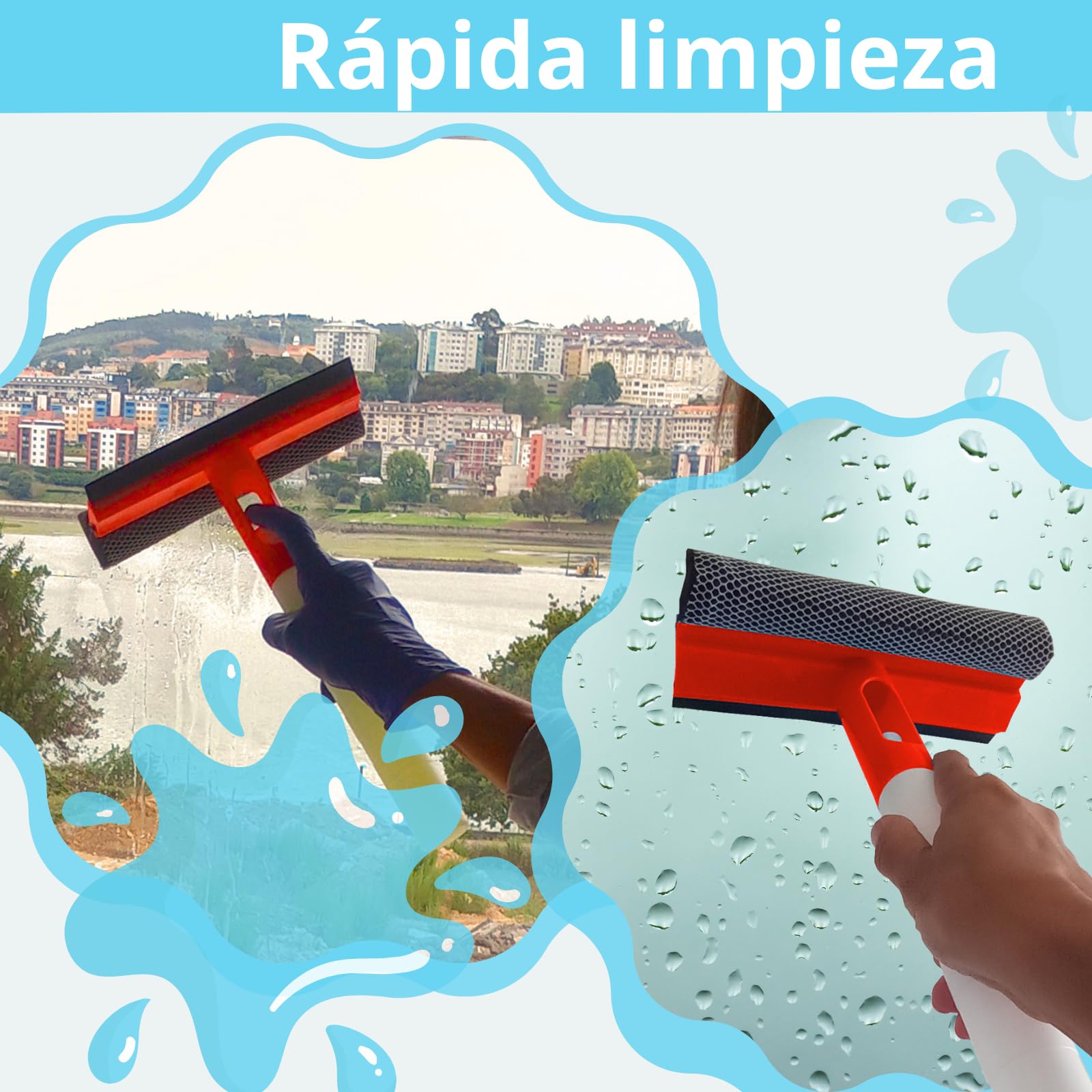 Limpia Cristales 3en1 rasqueta de Goma+Esponja limpiadora +depósito para Rellenar con líquido Limpiador. Limpiacristales Multiusos para el hogar, Coche u Oficina. (Naranja)