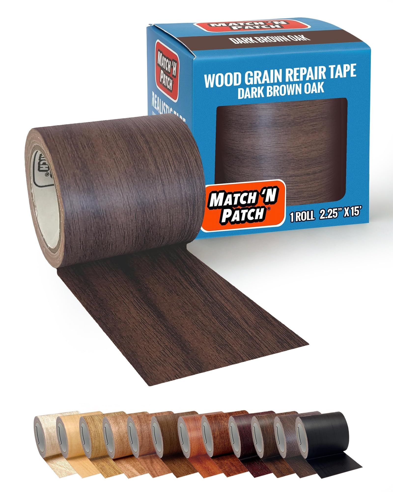 MATCH 'N PATCH Wood Grain Repair Tape - Dark Brown Oak, 2.25 in x 15 ft (1-Pack) – Wood Grain Colored Duct Tape for Mirror Frame, Trim, Borders, Floor and Other Furniture, Scratch Repair Kit