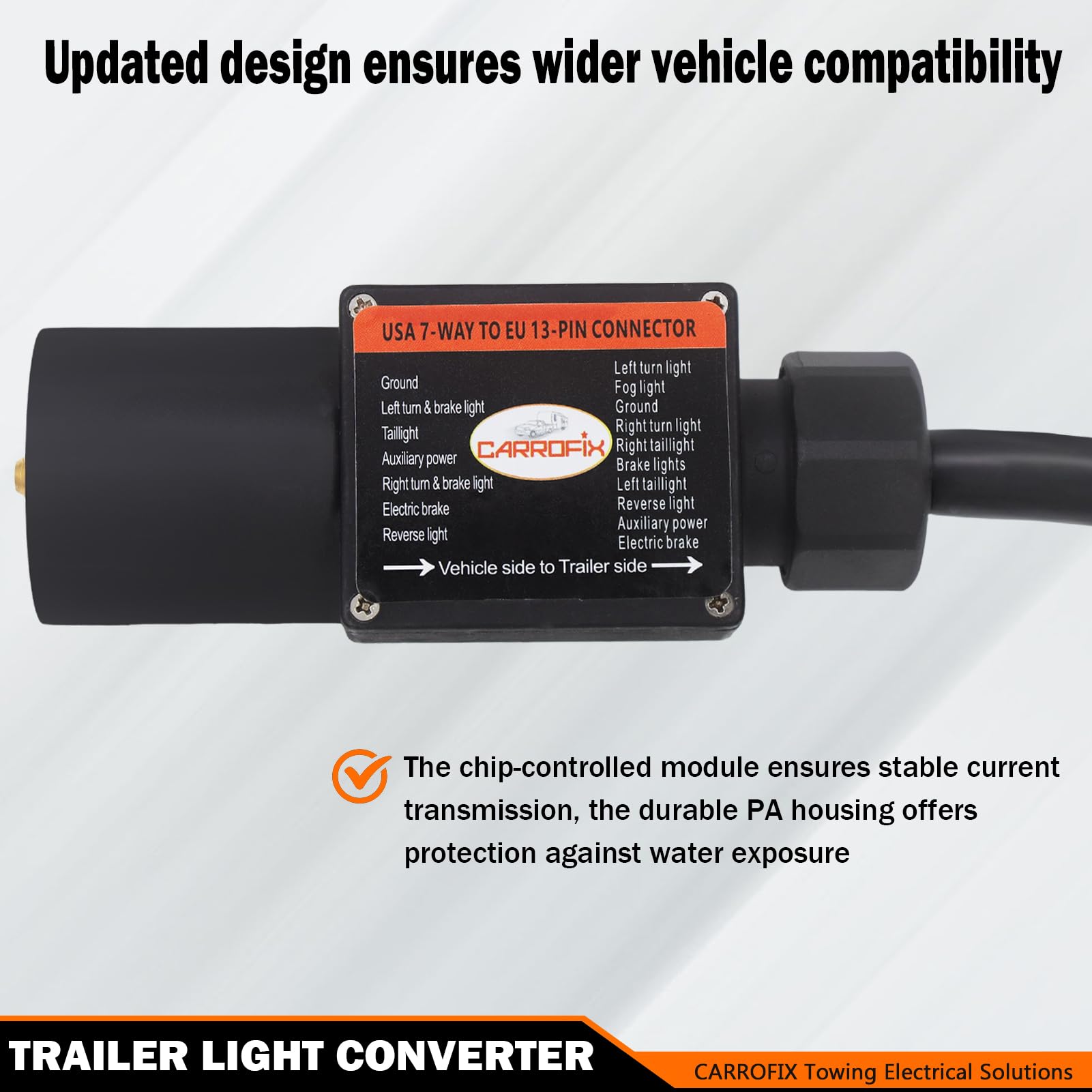 Truck to Trailer Light Converter, US Vehicle Socket 7-pole RV Blade to European Trailer 13 Pin Plug, PA Housing (7-fach to 13-polig)