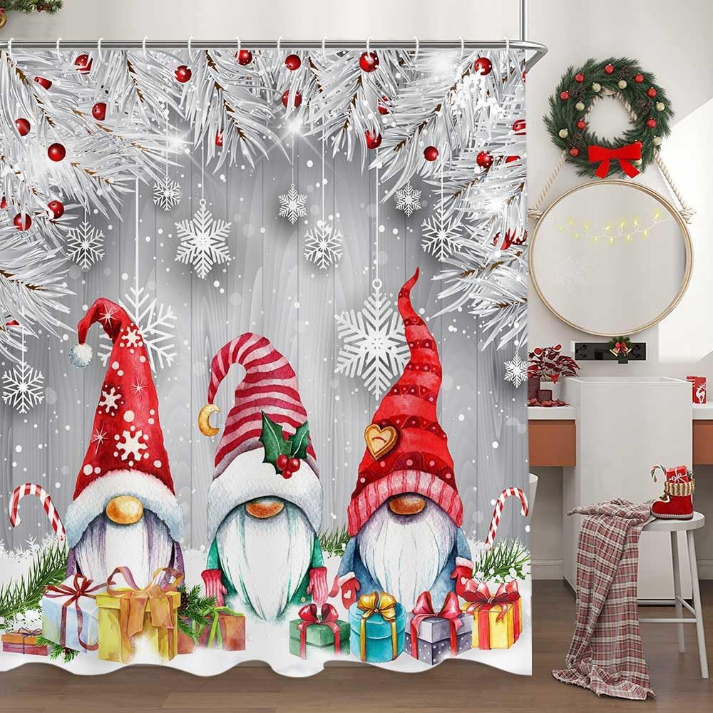 Winter Christmas Shower Curtain, Cute Red Xmas Gnomes Balls