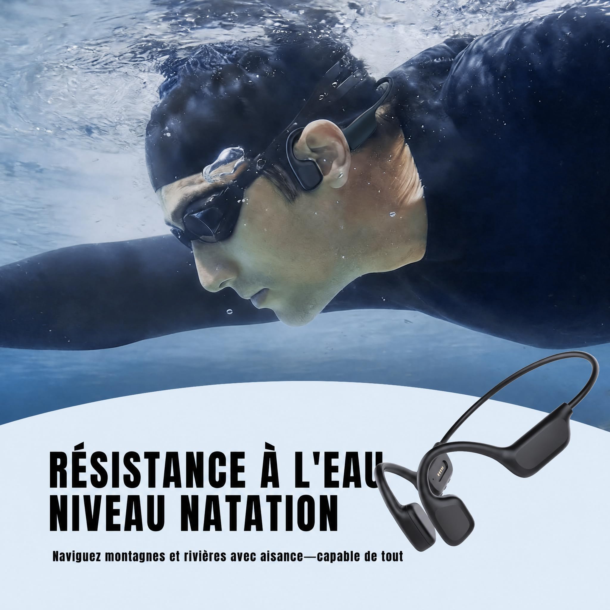 Conduction Osseuse,Écouteur Natation À Bluetooth 6.0, Étanches IPX8 Écouteurs Sans Fil, MP3 avec mémoire intégrée de 32 Go Lecteur MP3 Intégré 8 Heures de Jeu,Ecouteur Natation sans,Sportif Noir