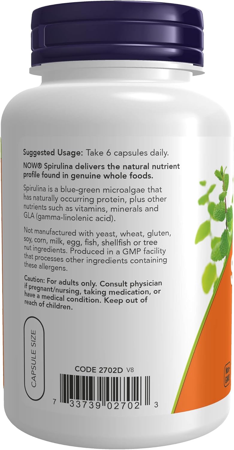 NOW Supplements, Natural Spirulina 500 mg with Beta-Carotene (Vitamin A) and Vitamin B-12, and naturally occurring Protein and GLA (Gamma Linolenic Acid), 120 Veg Capsules : Health & Household