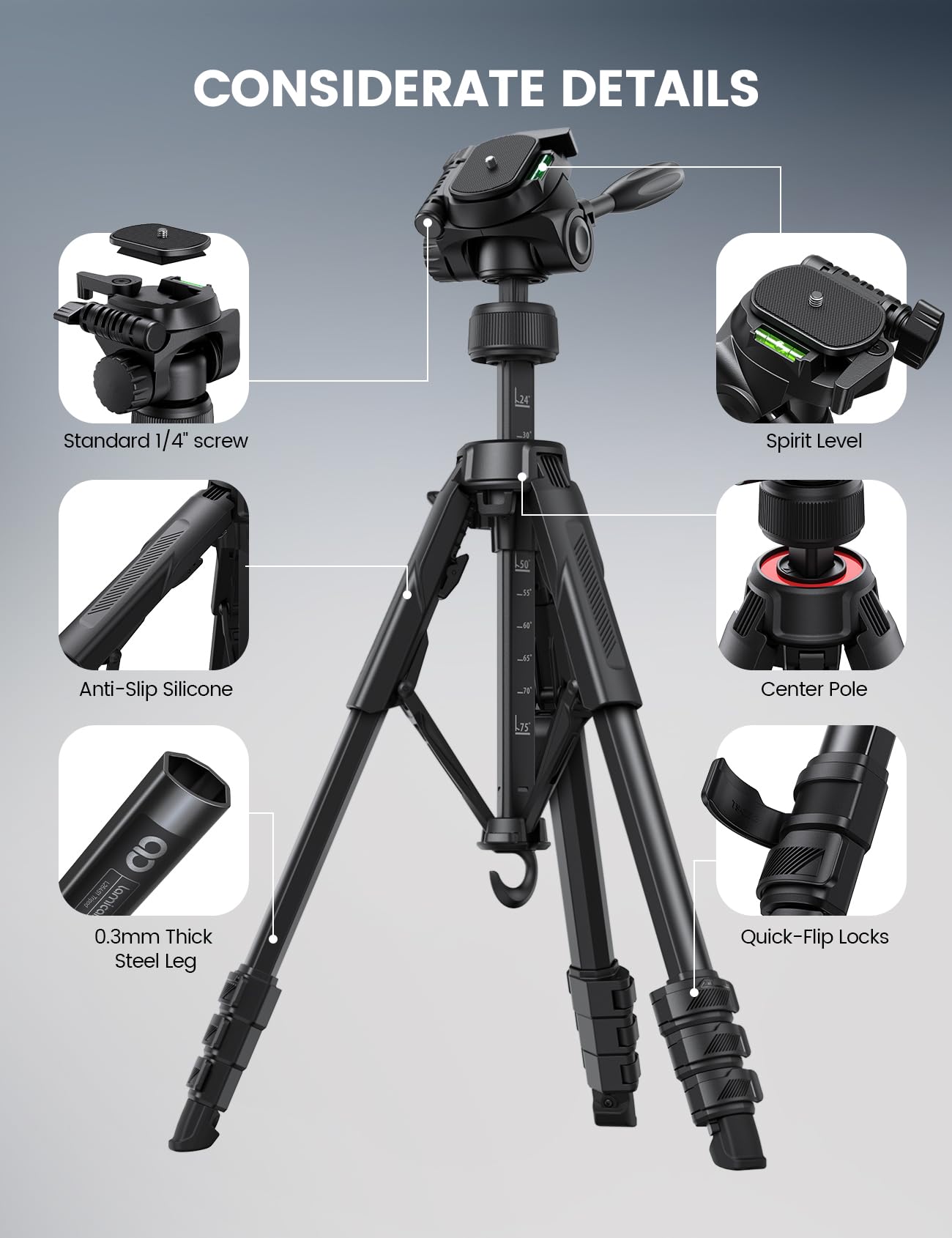 Lamicall Trépied Appareil Photo - [Pieds Brevetés Déploiement Rapide][8KG Capacité de Charge] Trépied Camera avec 3 Voies Tête Panoramique, Porte Camera avec Clip de Smartphone, pour iPhone/DSLR/GoPro