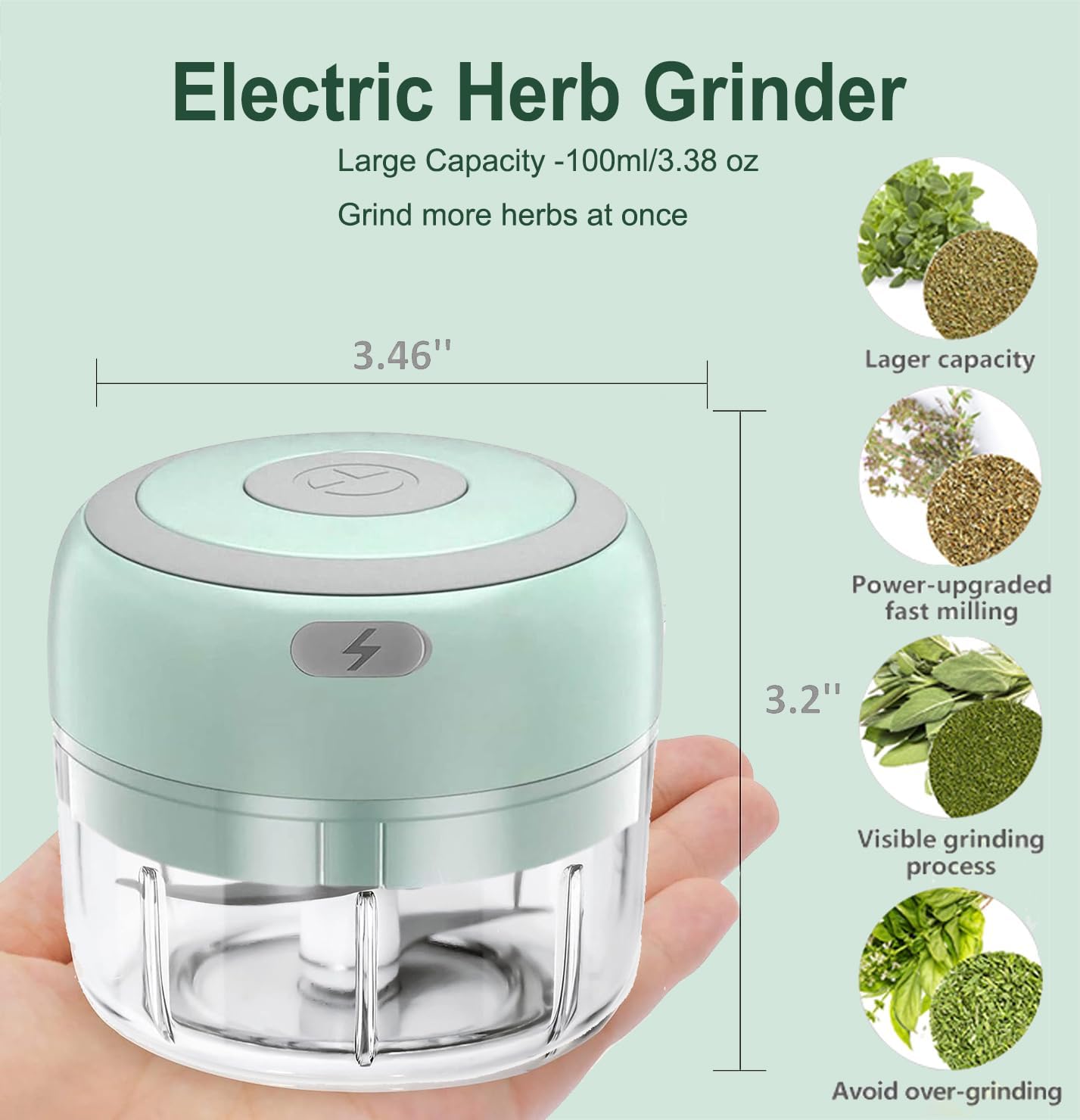 Electric Herb Grinder with Mini Scoop & Brush - 3.5-Inch 3.4oz USB Cordless, Adjustable Coarse to Fine Grind for Spices/Garlic/Herbs - Waterproof Portable Food Chopper (Green)