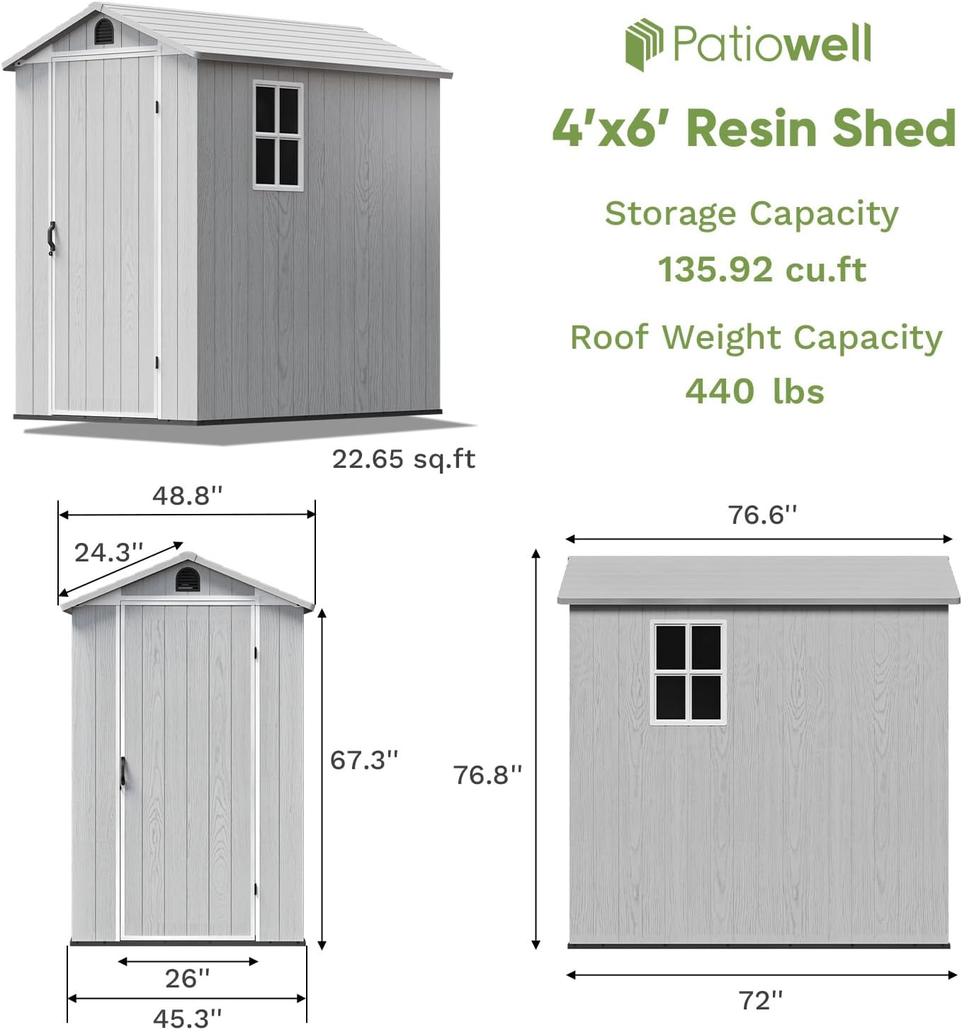 Patiowell 4x6 Resin Shed dimensions and capacity