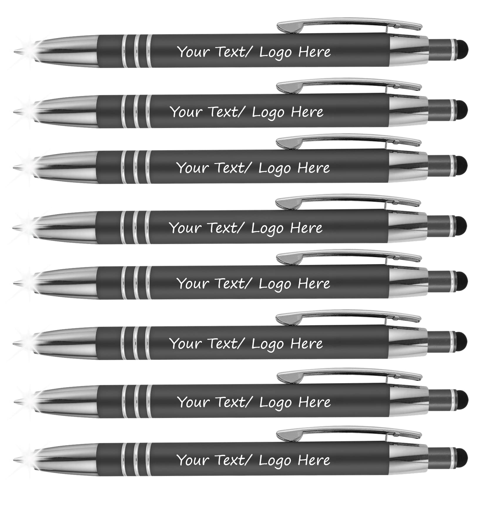 SyPen Promotional Pens,Stylus,LED Flashlight with your Personalized Text or Logo-Bulk 100 Pack- 3 in 1 Rubberized Metal Luxury Ballpoint Pens + Night