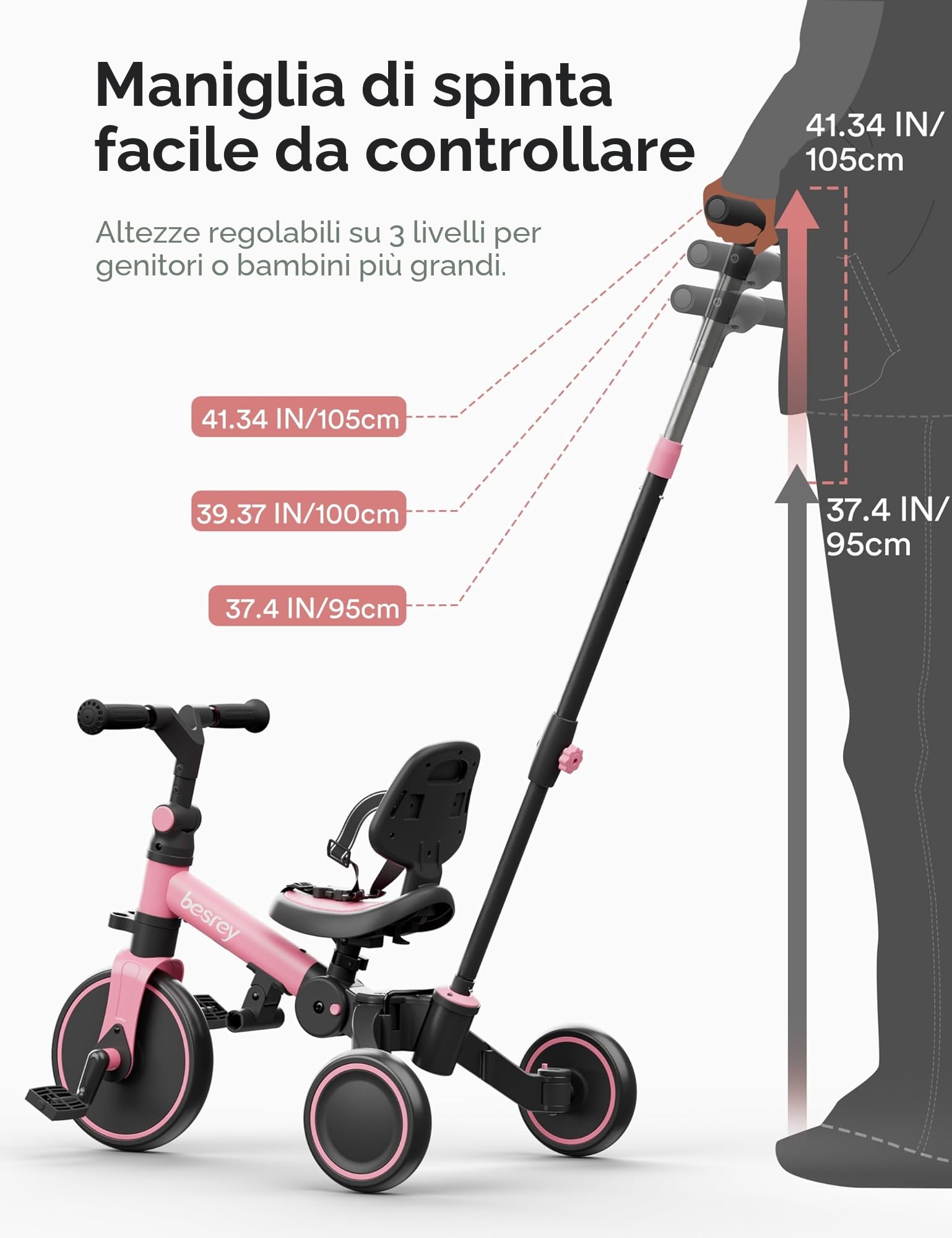 besrey Triciclo per Bambini 4 in 1, Bici senza Pedali per bambine e bambini da 1 a 3 anni, Triciclo con Maniglia di Spinta, Schienale e Cintura di Sicurezza, Rosa