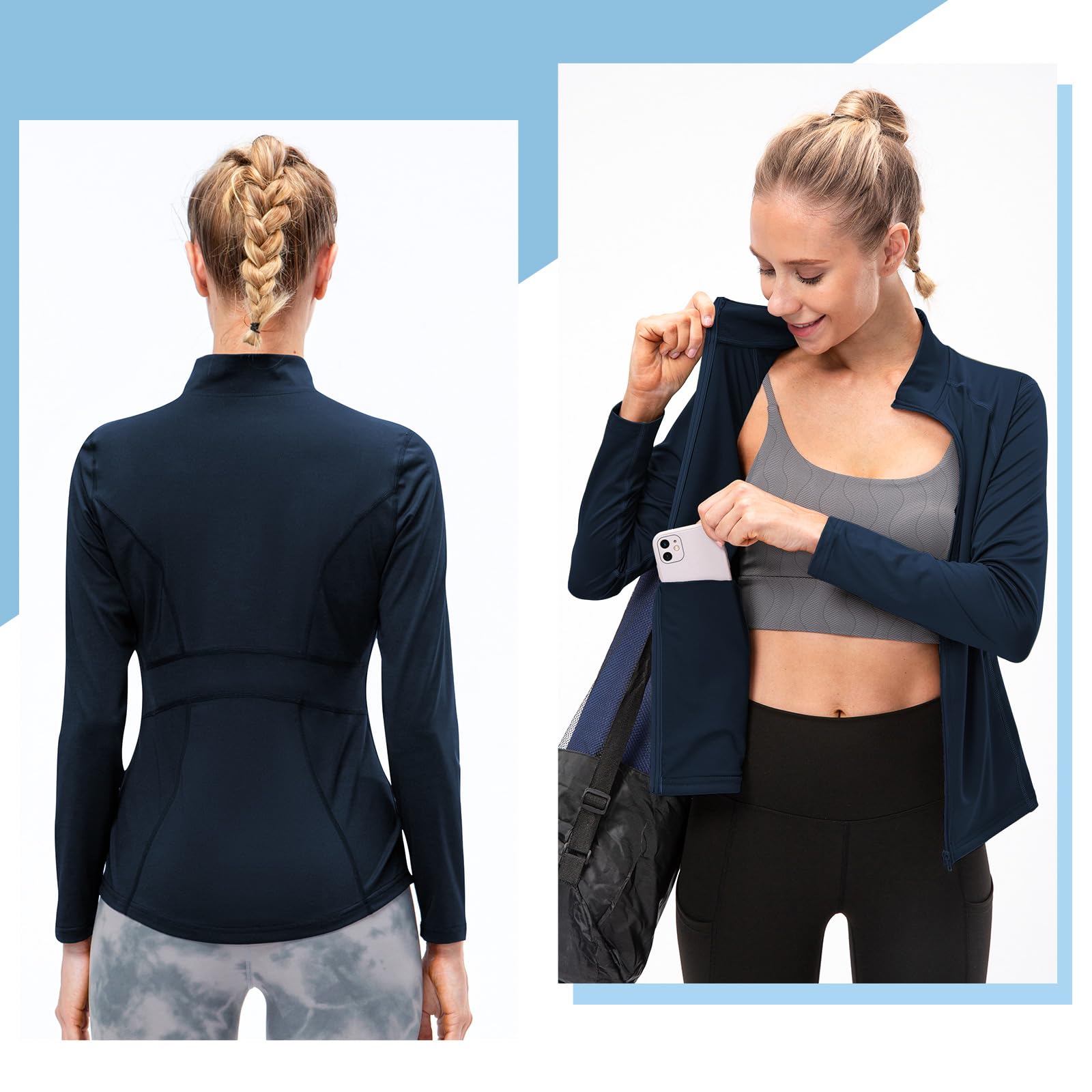 Laufjacke Damen Atmungsaktiv Taschen Sportjacke Damen Full Zip Leicht Trainingsjacke Damen Gym Fitness Yoga Langarm Shirt,Schnelltrocknend Weich UPF50+