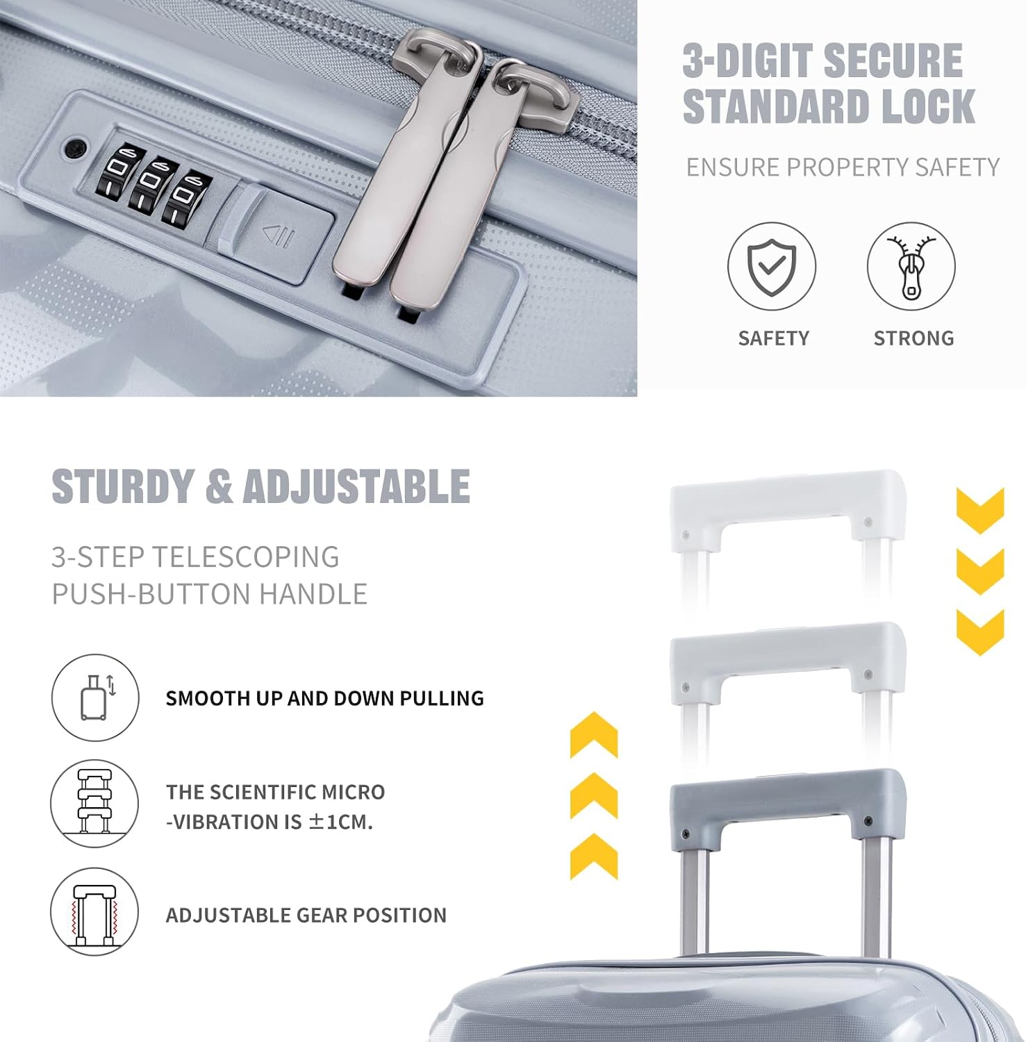 LARVENDER Luggage Sets 3 Piece, Hardside PP Carry On Luggage Suitcase with 360° Spinner Wheels Suitcase Sets for Women Men, Silver Grey