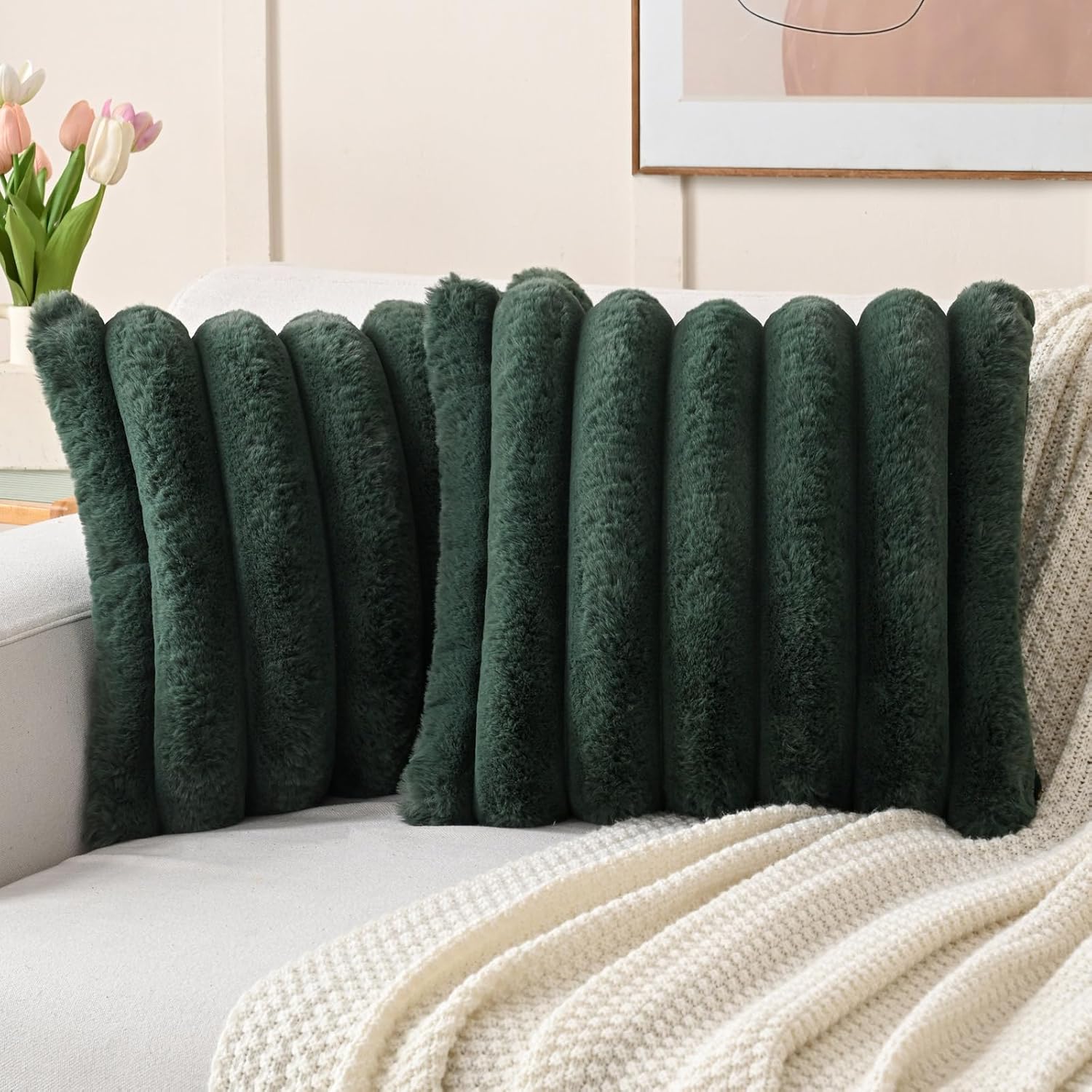 FUTEI Christmas Dark Green Decorative Throw Pillow Covers 18x18 Inch Set of 2, Square Soft Faux Rabbit Fur Thick Striped Cushion Cover,Winter Home Decor for Couch Bed Living Room Dark Green 18" x 18" (Pack of 2)