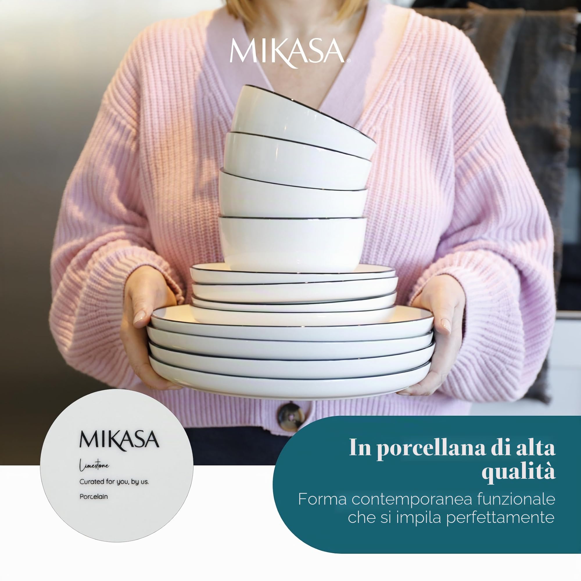 Servizio 12 piatti porcellana bianca bordo nero Limestone Mikasa