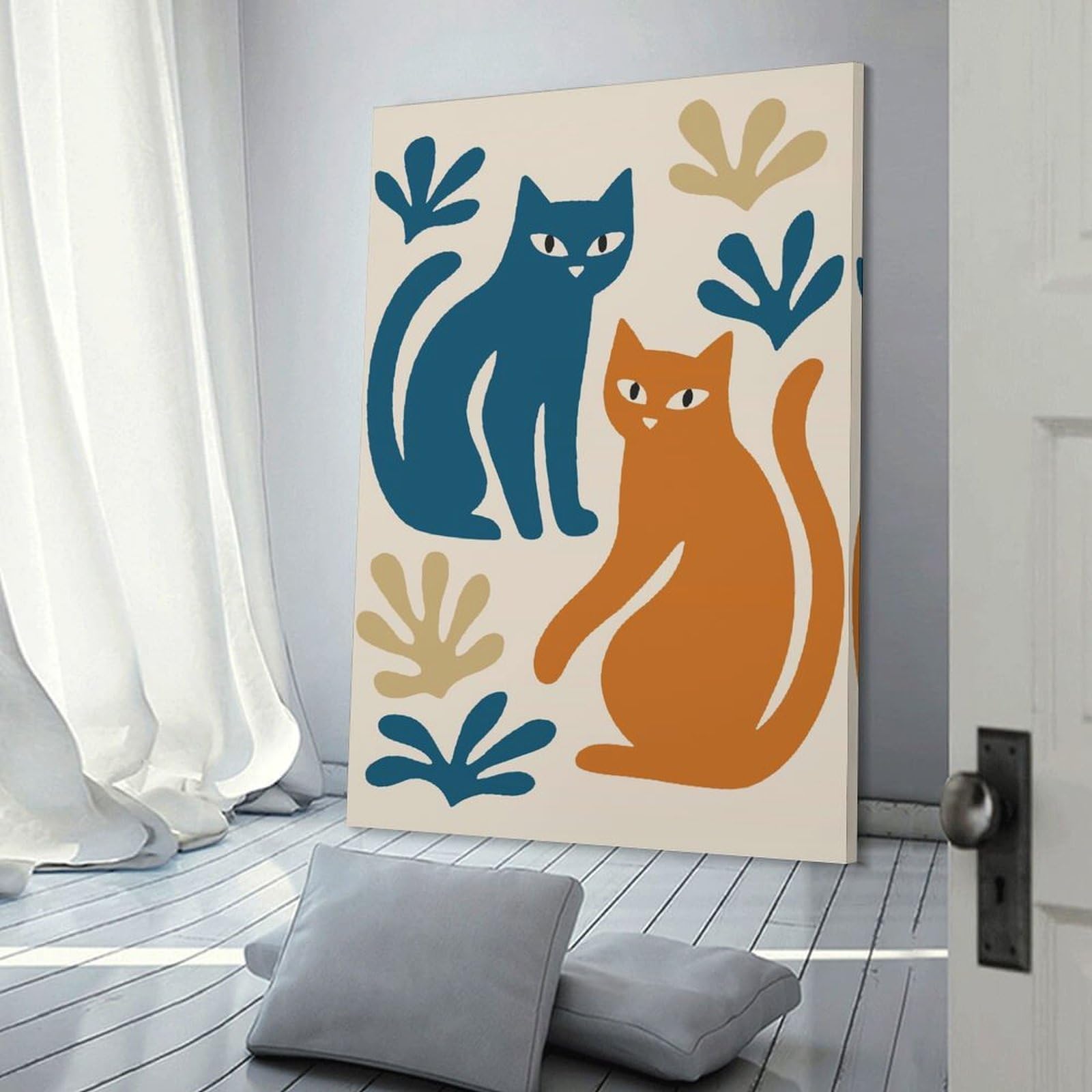 Junmoney Canvas Wall Decor Abstract Cats And Foliage Illustration, 16x24inch(40x60cm), for Restful Interiors, Bedrooms Or Small Rooms, Canvas Wall Decor for Personal Spaces
