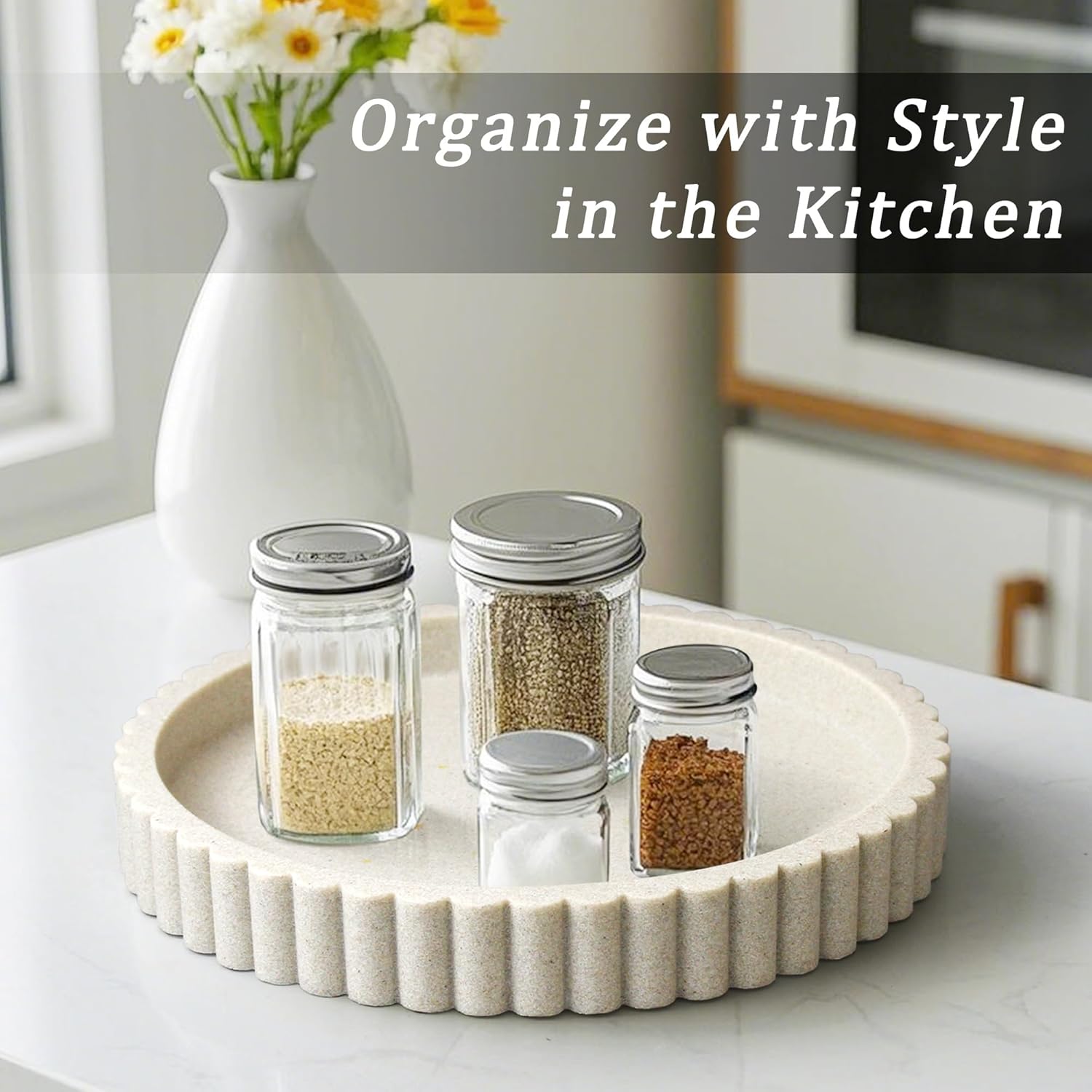 Decorative Coffee Table Tray, 11" Round Resin Coffee Table Centerpiece Tray for Home Decor, Modern Organizer for Living Room, Console or Dresser, Beige - Image 5