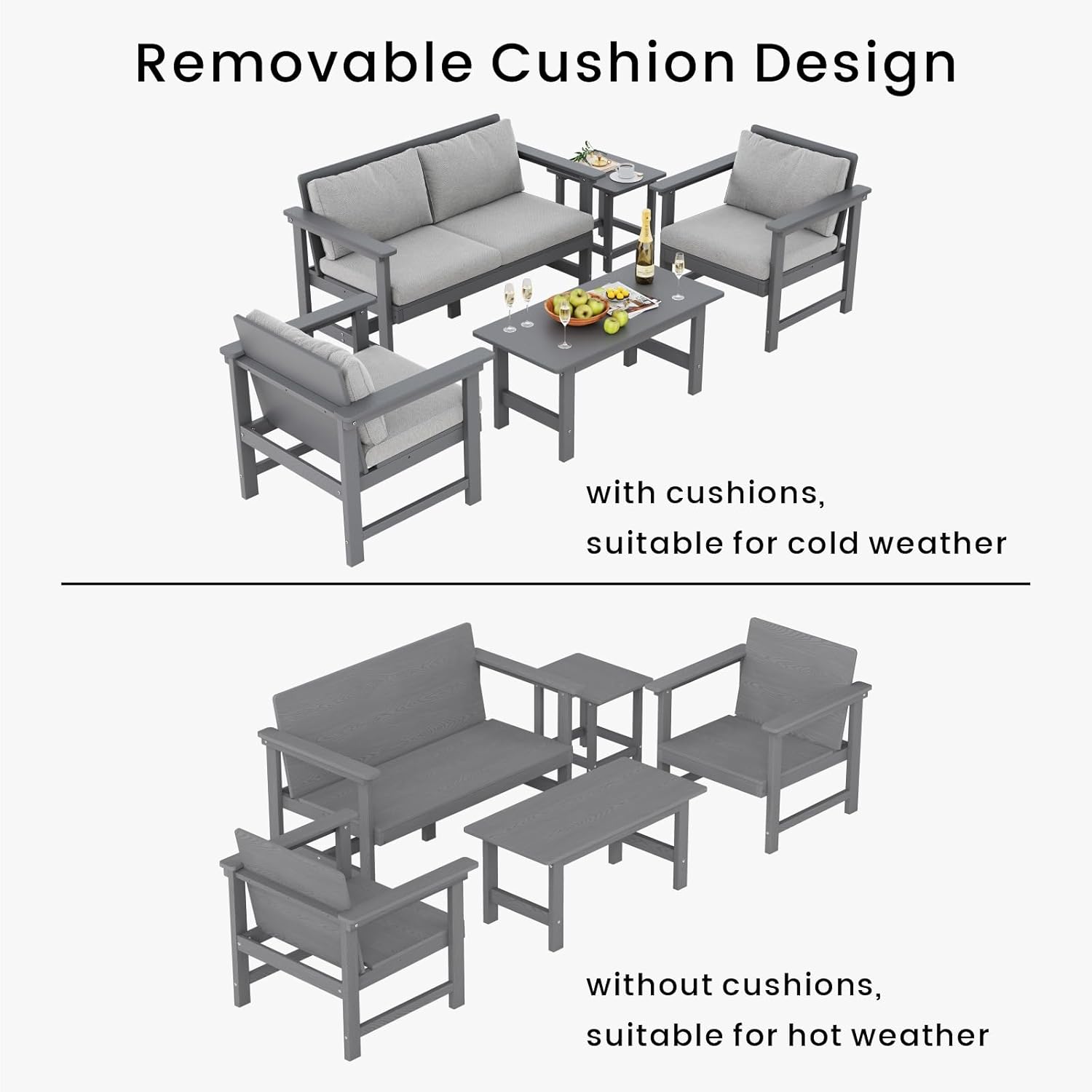 5-Piece Patio Conversation Sets, Weatherproof HDPE Sectional Furniture Set with Cushions, Outdoor Sofa Set for for Porch, Balcony, Deck, Lawn (Grey)