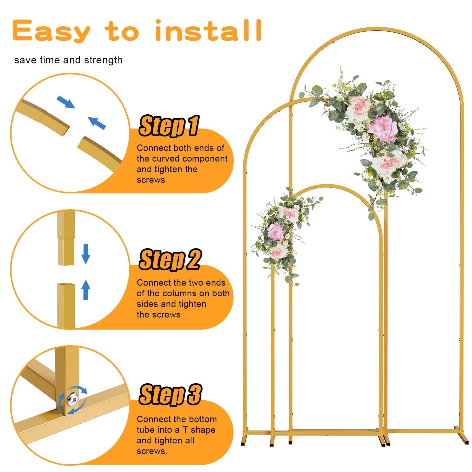 Support Arche Ballon Anniversaire, Lot de 3 Supports d'arche en Métal pour Décoration de Mariage, 1,2 m, 1,5 m, 1,8 m, carré, pour extérieur, cérémonie, Anniversaire, fête, Jardin (doré)