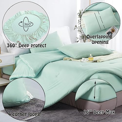 Miniatura 5 de Juego de edredón verde tamaño Queen, juego de cama súper suave de 4 piezas con 1 edredón de malvavisco, 2 fundas de almohada y 1 sábana bajera,