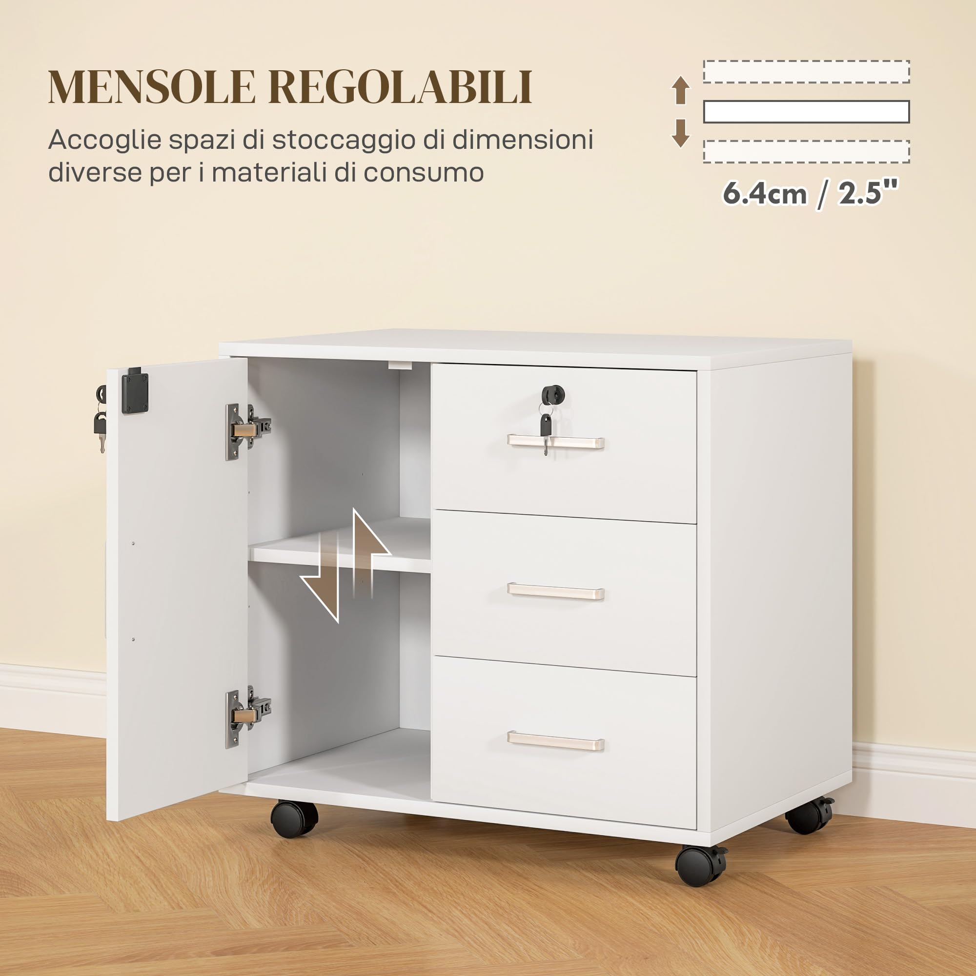 HOMCOM Schedario per Ufficio con 3 Cassetti e Armadietto con 3 Ripiani Regolabili, Cassettiera Portadocumenti in Truciolato, 60x40x56 cm, Bianco