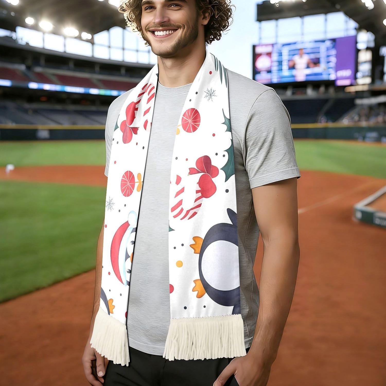 CHIFIGNO Cute Christmas Penguins Sports Fan Scarf for Soccer Games, Soft Polyester Sweat Towel Wrap with Fringe Ends, Quick Dry Cheering Scarf