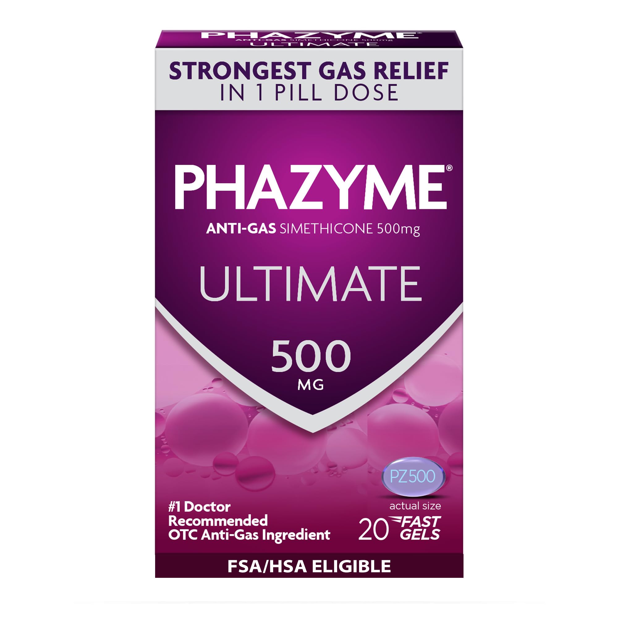Ultimate Strength Anti-Gas 500 mg Simethicone Gas Relief for Adults, Fast Gels Quickly Ease Bloating, Pressure and Discomfort, 20 Count