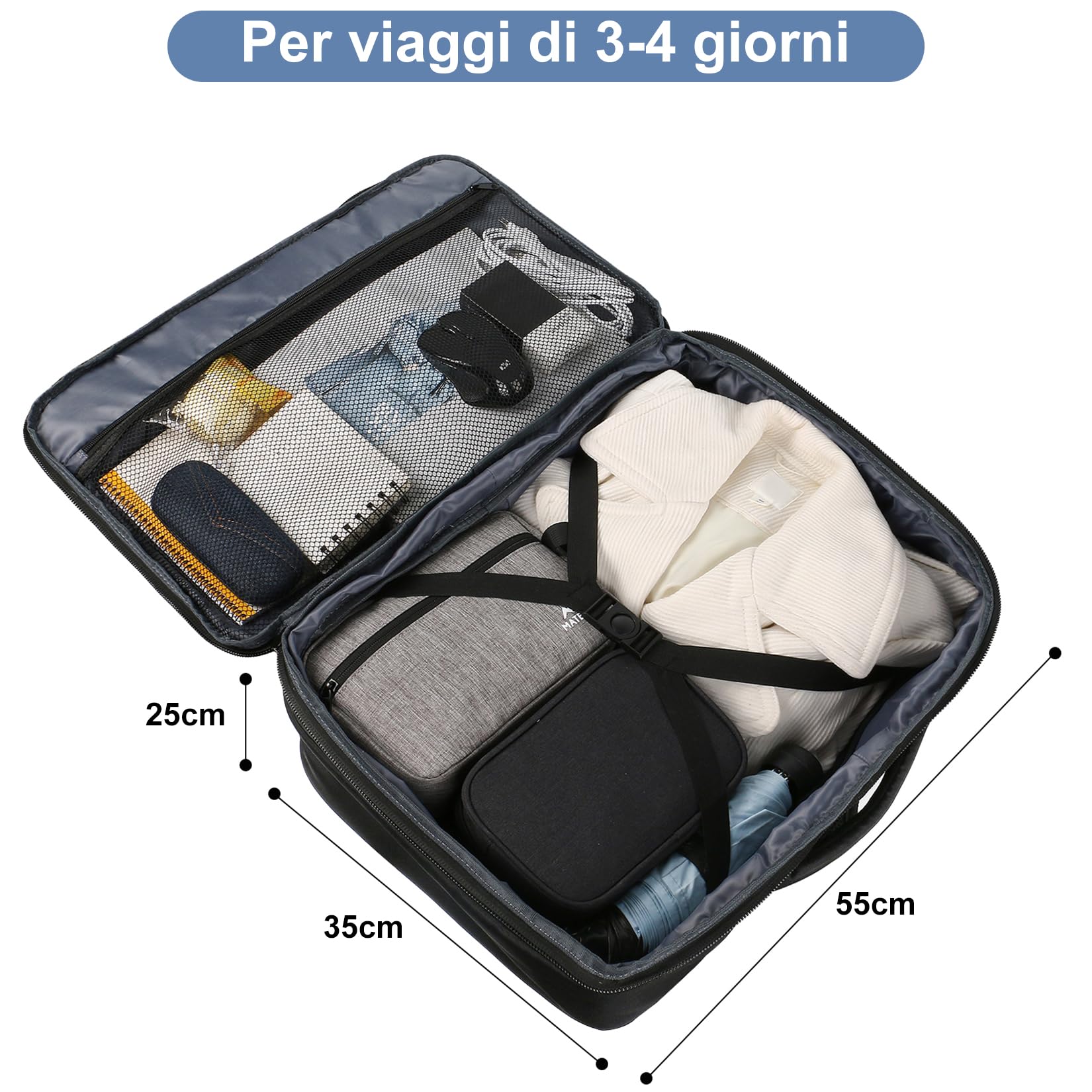MATEIN Bagaglio a Mano Aereo 55x35x25 ITA Airways, Zaino da Viaggio 50L Borsa da Cabina Espandibile Travel Bag per Donna Uomo, Multitasche Leggero Zaini Casual per Air France, Air Europa, KLM, Nero
