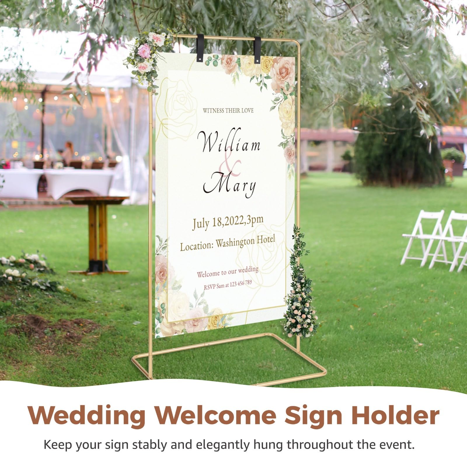 Soporte dorado para letreros de boda, soporte de metal ajustable con correas de cuero para carteles de recepción