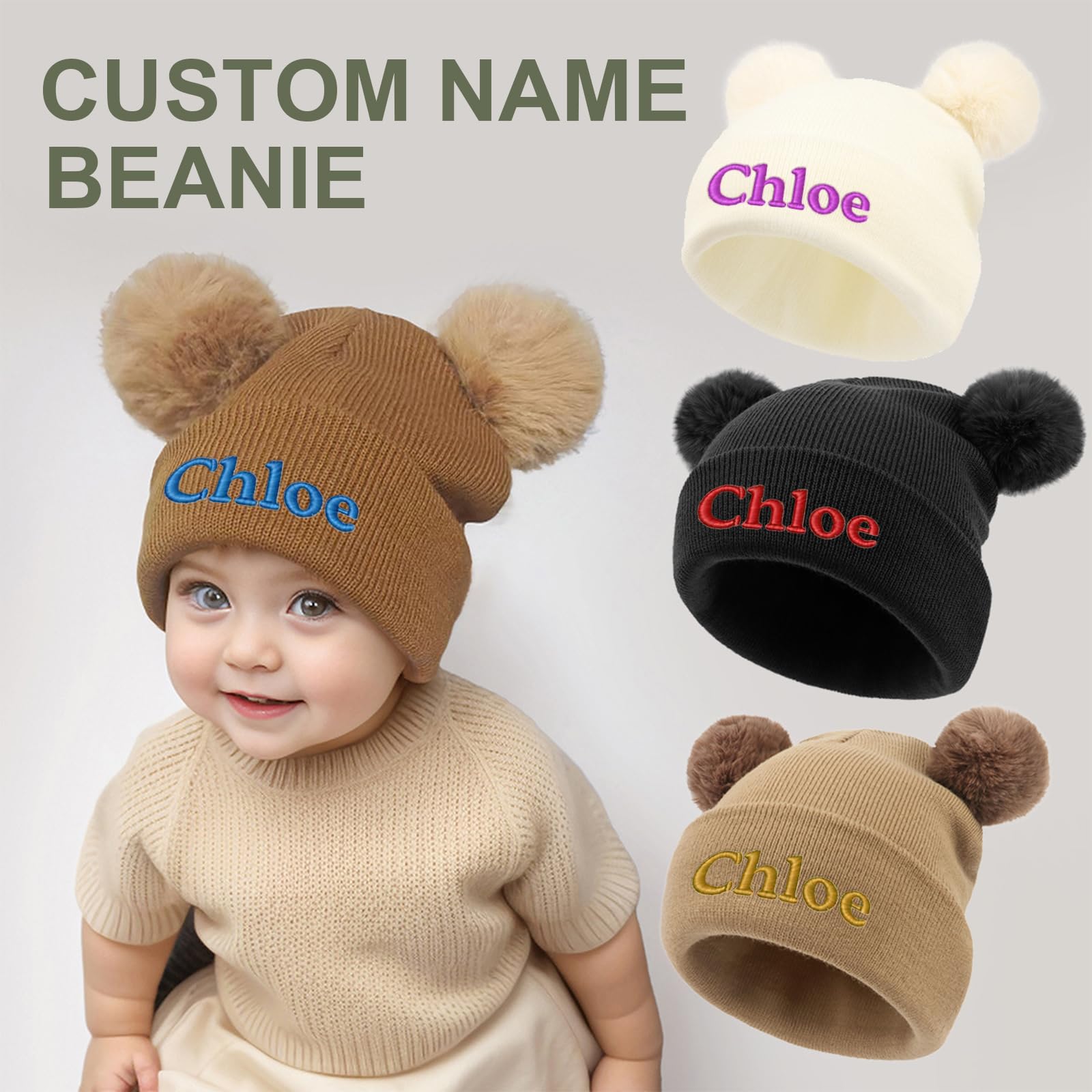 lanleay Custom Name Beanie Hats for Baby Girls Boys, Personalized Embroidered Beanies for Infants Toddlers, Winter Knit Hat, Coffee 2 Pompoms