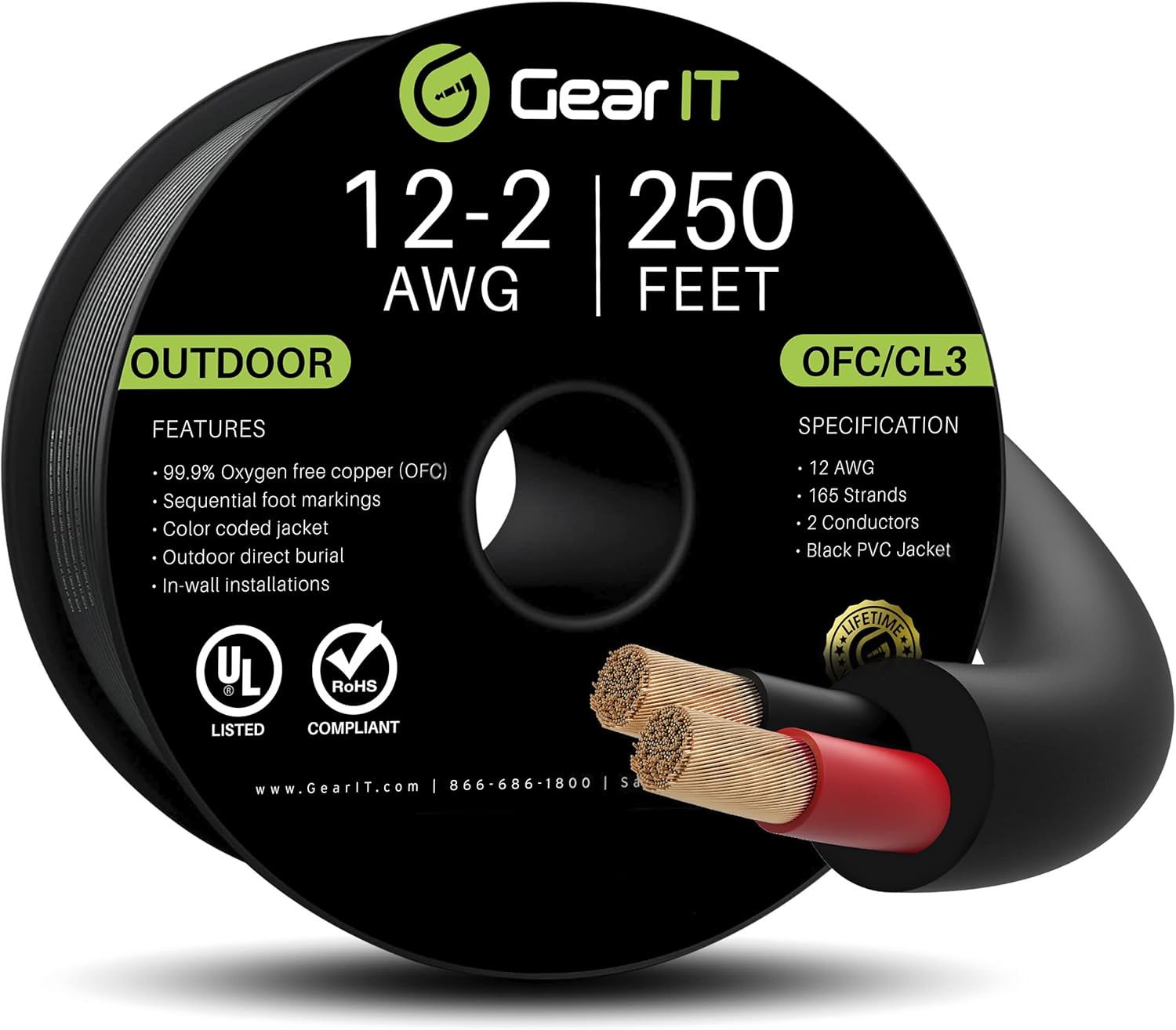 GearIT 12/2 Speaker Wire (250 Feet) 12AWG Gauge - Outdoor Direct Burial in Ground/in Wall / CL3 CL2 Rated / 2 Conductors - OFC Oxygen-Free Copper, Black 250ft : Electronics