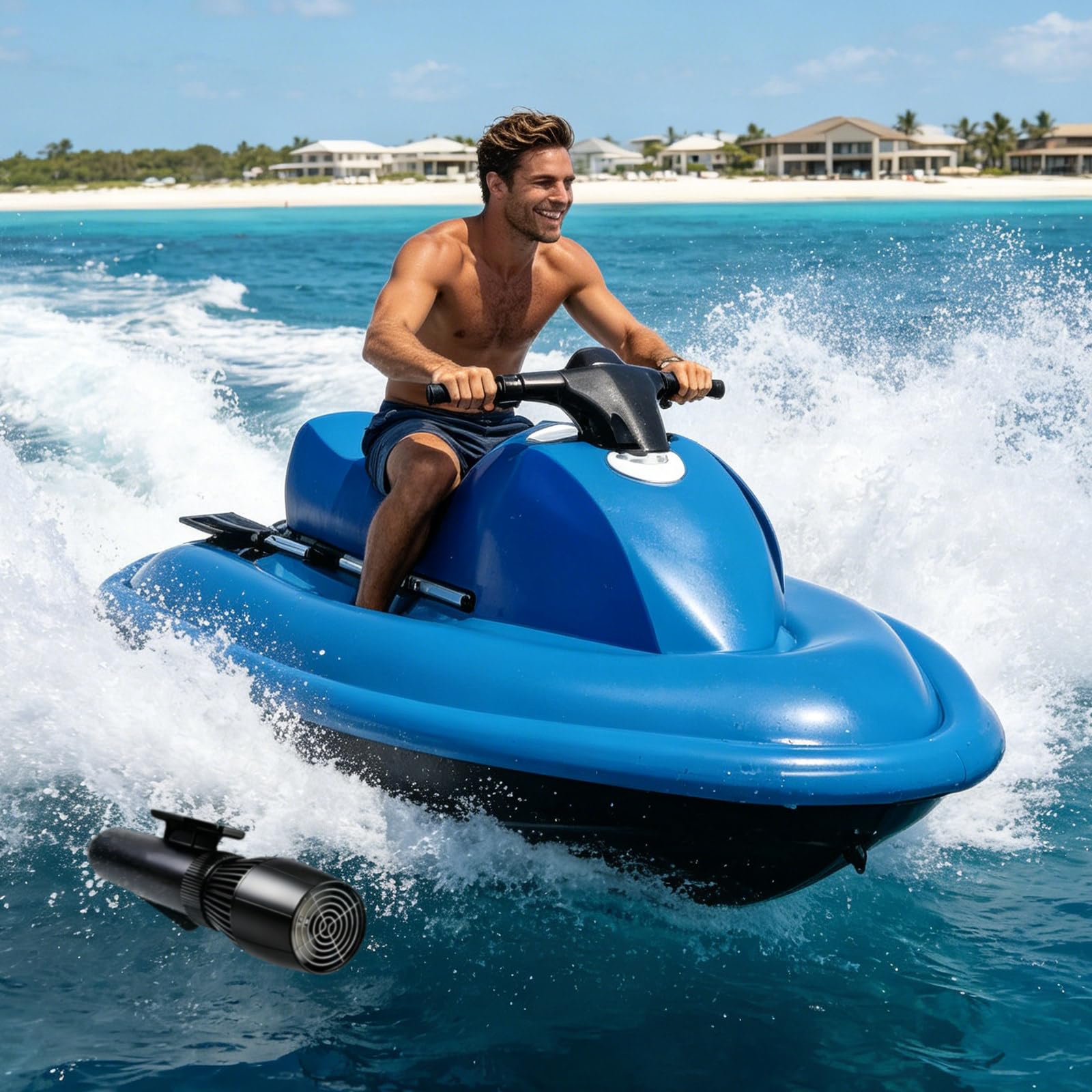 Osnzyc Seated Floating Pool Motorboat,10000/16000mah Battery Powered,1-2 Persons Water Propulsion Jet Ski,Upgraded Dual-Fin Design, Blue Motorized Watercraft for Water Sports 500W16A