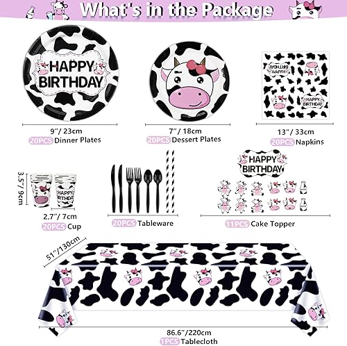 Miniatura 5 de Paquete de 238 suministros de fiesta con estampado de vaca, decoración de fiesta de cumpleaños de vaca, granero rosa, juego de vajilla para fiesta