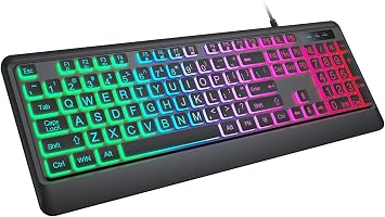 Backlit Wired Keyboard for Windows, Large Printed Computer Keyboard with Rainbow Backlight, Plug and Play, Full Size, Extra Large Letter Keys, Easy to Read and Type Light Up Keyboard for Laptop, PC,