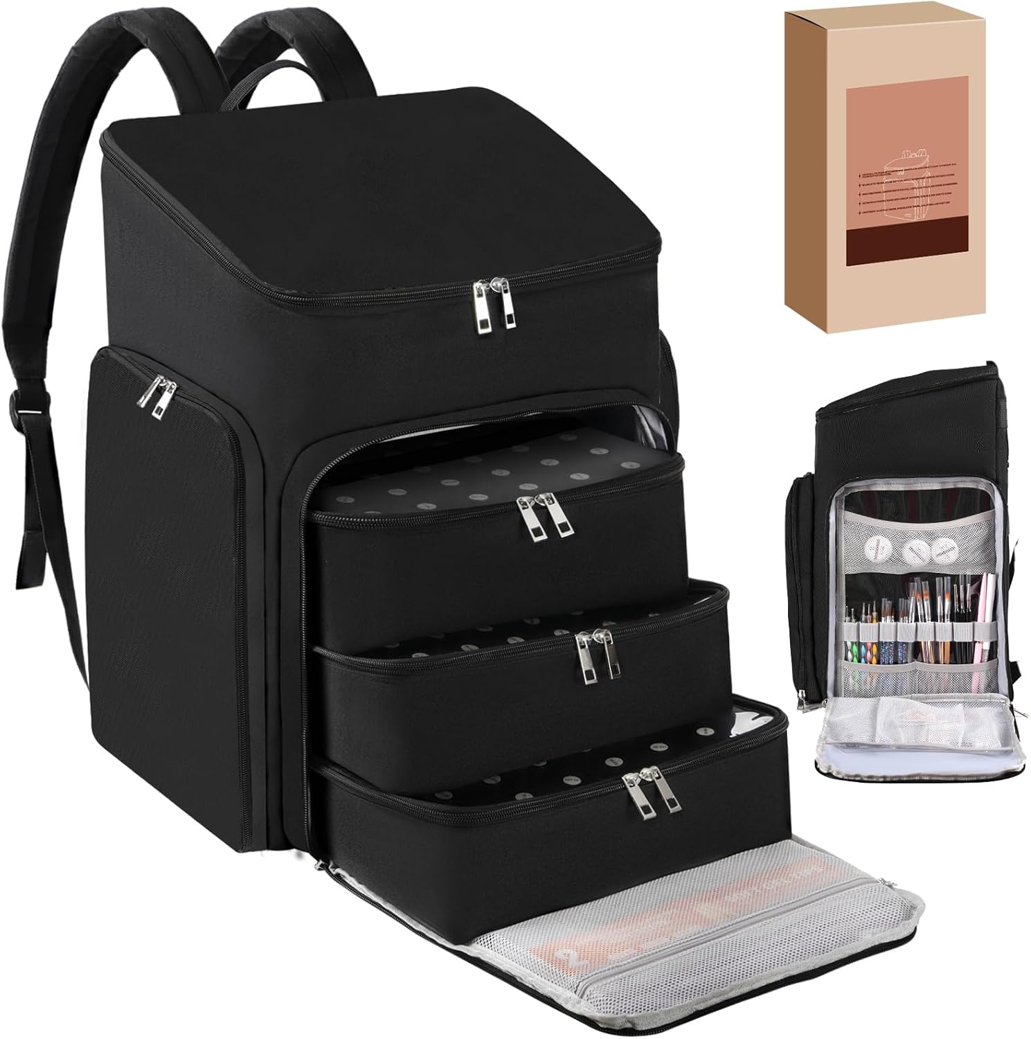 DERSTUEWE Professional Nail Polish Organizer Backpack, Black Storage Case with Multiple Compartments, Portable Travel Carrying Bag for Nail Art Supplies