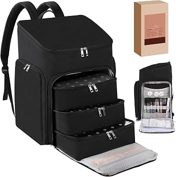 DERSTUEWE Professional Nail Polish Organizer Backpack, Black Storage Case with Multiple Compartments, Portable Travel Carrying Bag for Nail Art Supplies