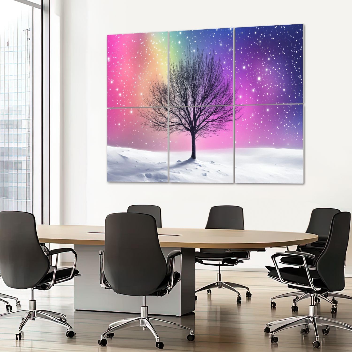 6 Pack Art Acoustic Panels Sound Absorbing Tree Snow Bare Snowy Landscape Rainbow Gradient Winter Scene Art Decorative Soundproof Wall Panels Self Adhesive for Recording Studios Office 72"x48"
