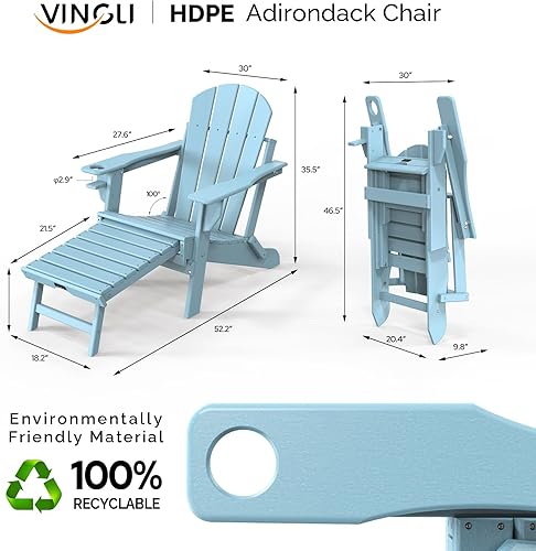 Miniatura 2 de VINGLI Silla Adirondack plegable de plástico HDPE, sillas Adirondack ergonómicas con sillas otomanas para fogata con reposapiés oculto para porche,