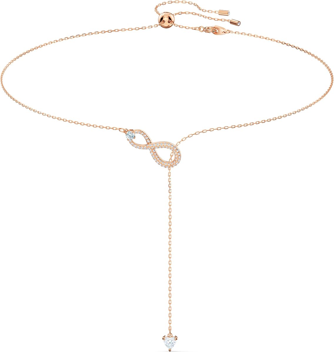 Colección de joyas Infinity Twist, pulseras y collares, acabado en tonos de rodio y oro rosa, cristales transparentes