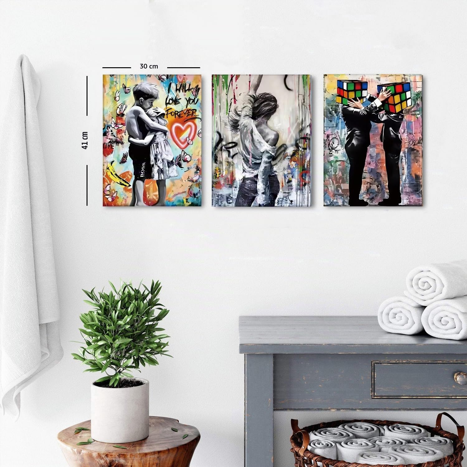 AIYISU Banksy Bilder Leinwand mit Rahmen, 30 x 40 cm 3 Teilig Banksy Poster Pop Art Bilder Moderne Bilder Wohnzimmer Abstrakte Gemälde Wandbild Schlafzimmer Flur - Fertig zum Aufhängen