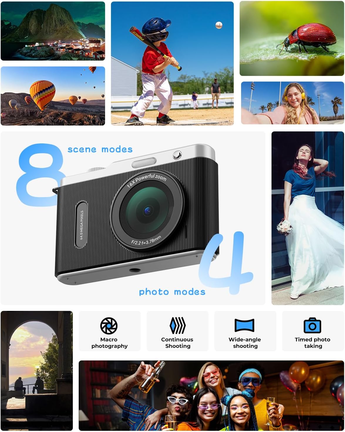 Digital Camera for Kids with Switching Dual Lens, 64MP 4K Point and Shoot Camera with 32GB Card, 16X Zoom Anti Shake, Compact Portable Cameras for Teen Girl Boy Kids Starter Children Black