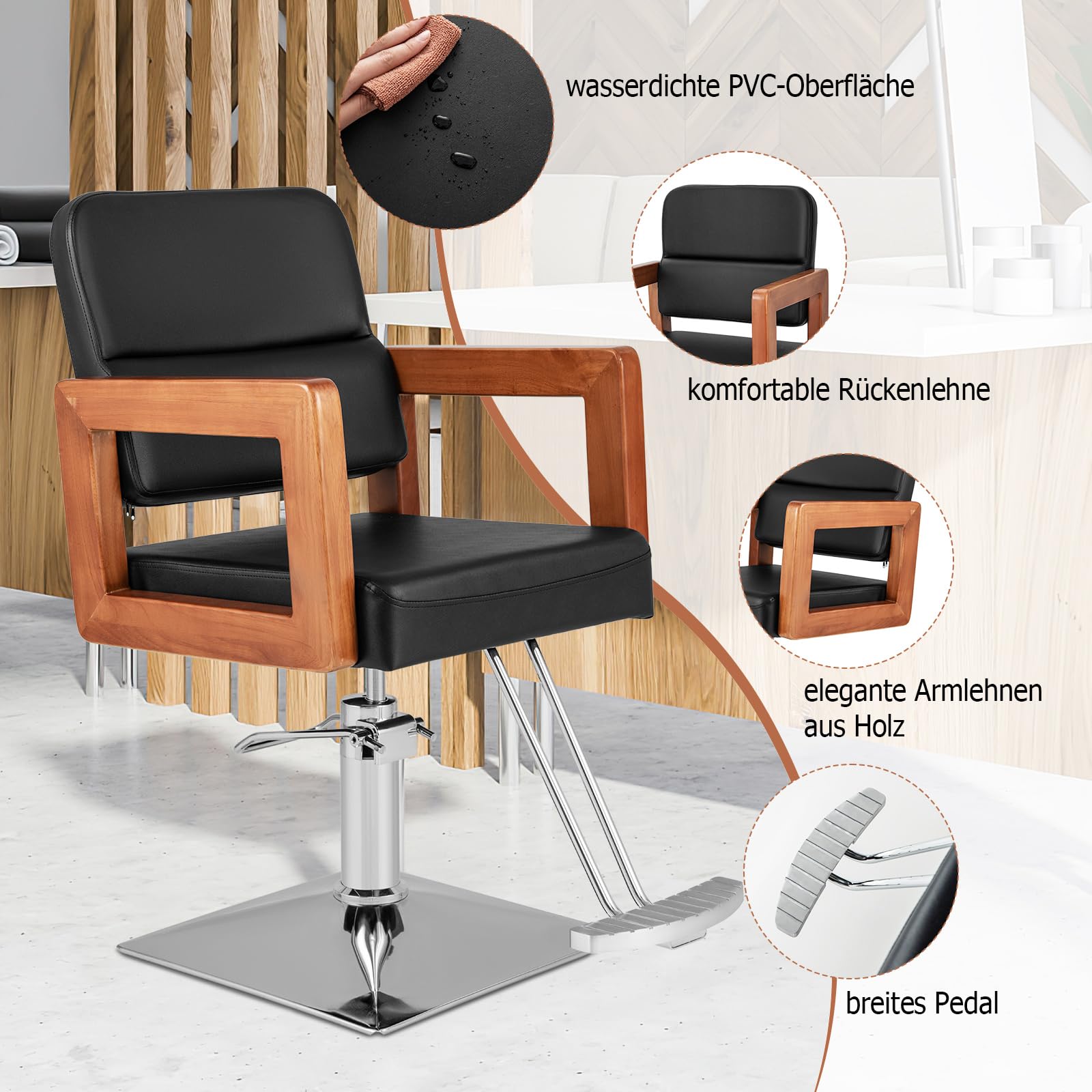 COSTWAY Friseurstuhl Sitzhöhe verstellbar von 50-65cm, Barbersessel belastbar bis 250 kg, Salonstuhl mit 360° Drehung, Hydraulischer Pumpe, Spa Friseursessel mit Holzarmlehnen