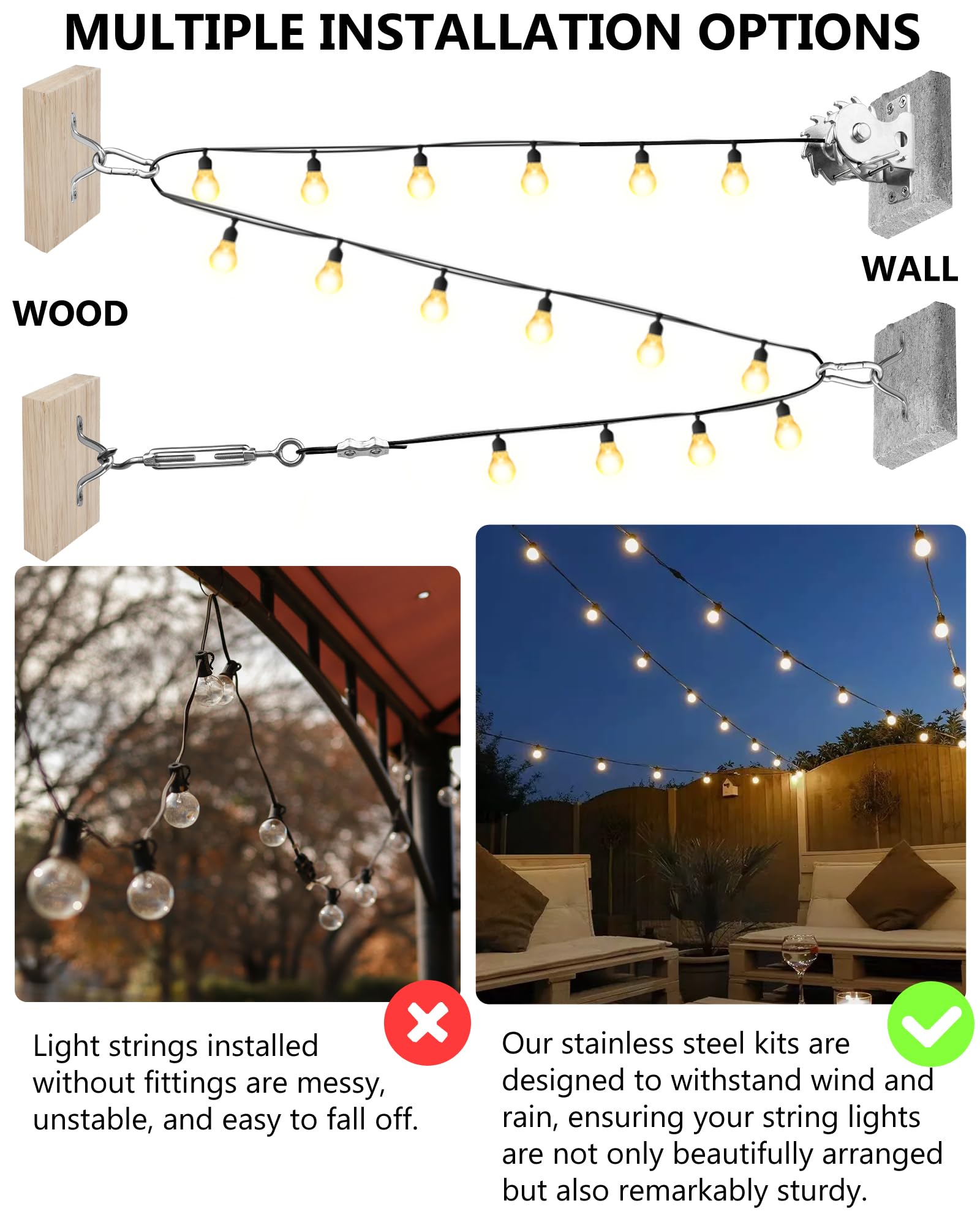 DEFUNX String Light Hanging Kit Outdoor 164 Ft Vinyl Coated Cable and Winch Wire Rope Kit 304 Stainless Steel Hardware for Bistro Globe String Lights Suspension