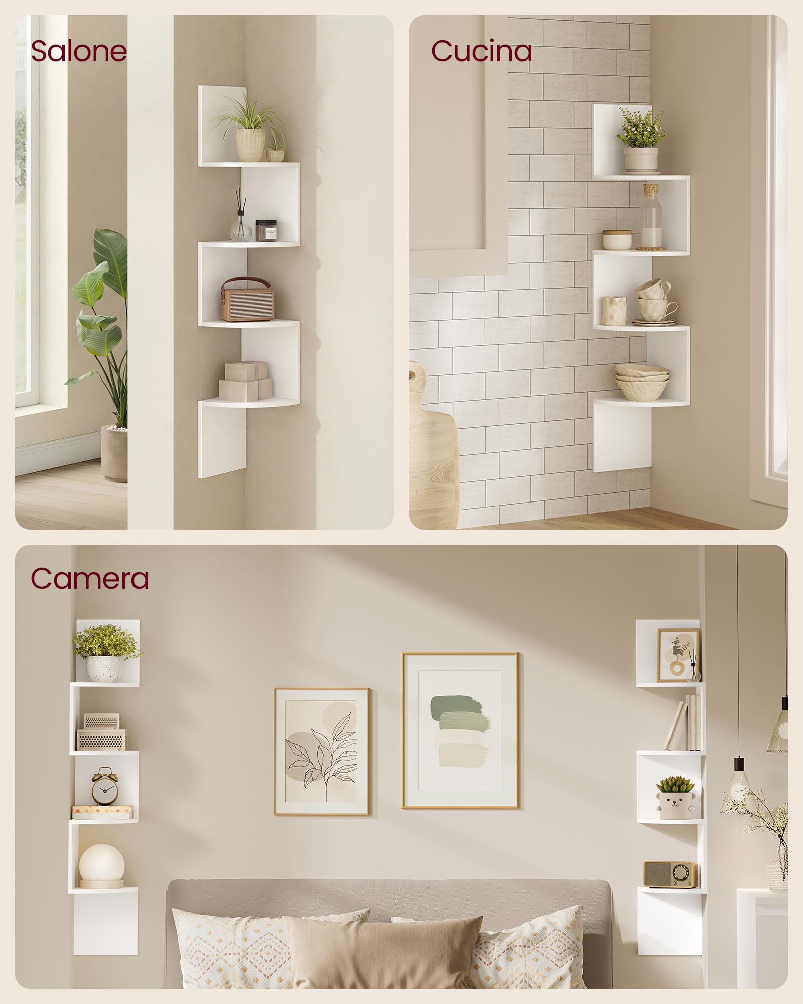 VASAGLE CUSTOS Collezione - Mensola Angolare, Set da 2, Mensola da Parete a 4 Livelli, Libreria con Design a Zigzag, Bianco Nuvola LBC704WB01