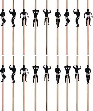BEHAHAI 18pcs Hen Bachelorette Cocktail Dancing Men Male Stripper Rose Gold Paper Straws for Bachelorette Party Decoration