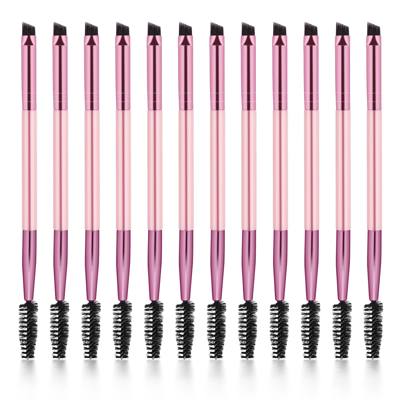 Photo 1 of 12 Packs Multi-functional Mini Eyelash Brushes, Dual-Ended Brow Brush Set, Angled & Spoolie Brushes, Shaping & Filling for Precise Brow Brushing (Pink)