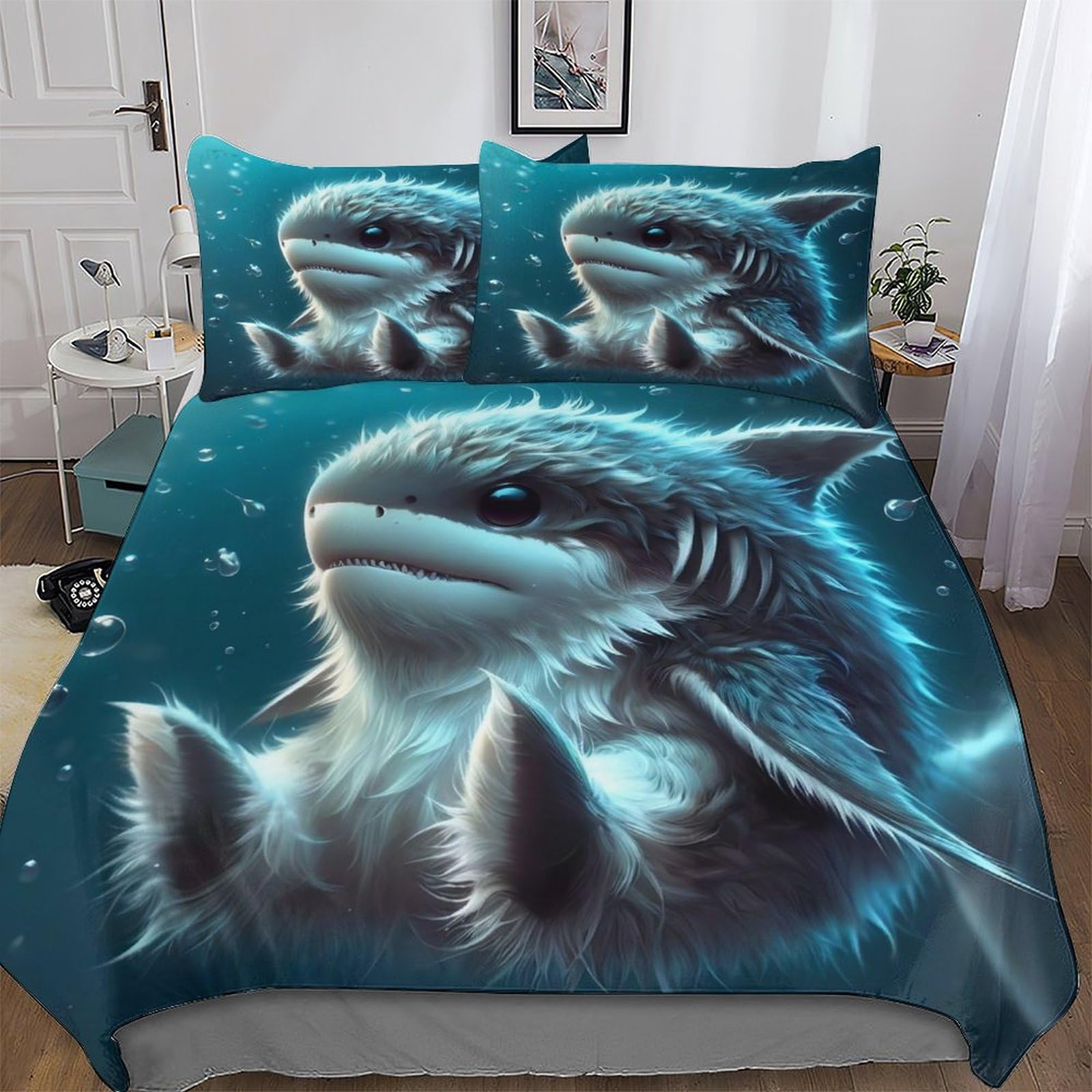 Housse de couette requin 220x240 cm parure de lit 3 pièces en microfibre douce avec taies d'oreiller