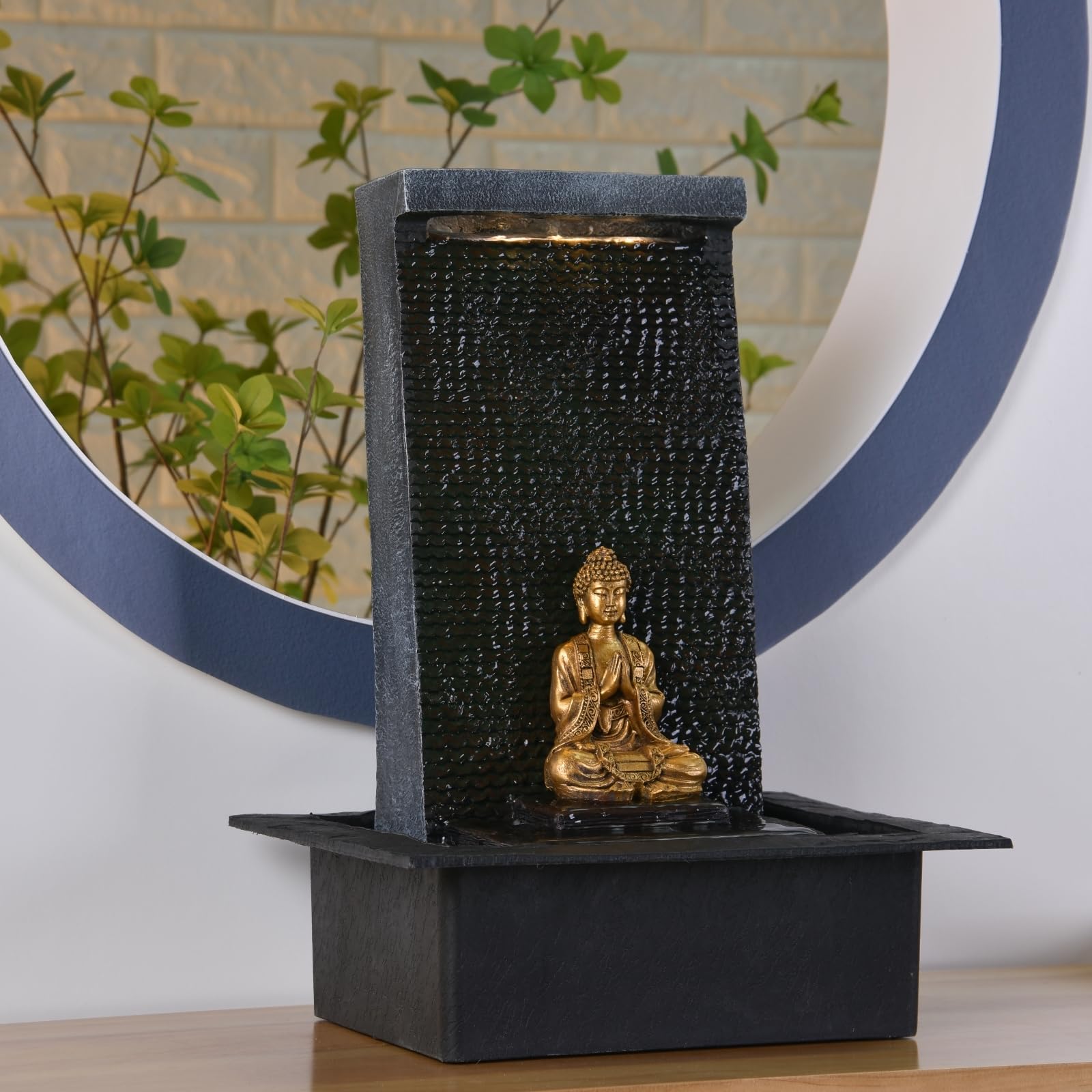 Mur d’Eau Zenitude - Fontaine d’intérieur avec Spot LED Jaune - Grande Fontaine de Table avec Statue Bouddha Amovible - Ambiance Zen pour salon, bureau, chambre - Cadeau Original - H: 40cm - Zen’Light