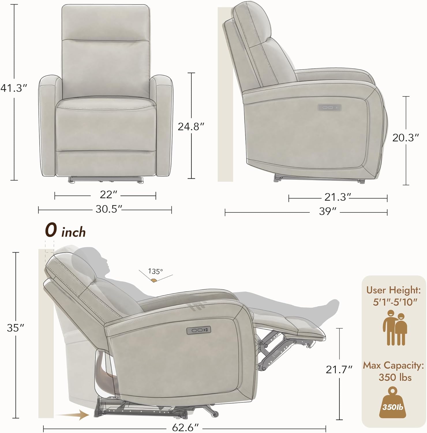 Watson & Whitely Zero Wall Hugger Recliners, Power Recliner Chair with Adjustable Headrest, Type-C Charger, RV Recliners for Small Space Living Room, Faux Leather Grey